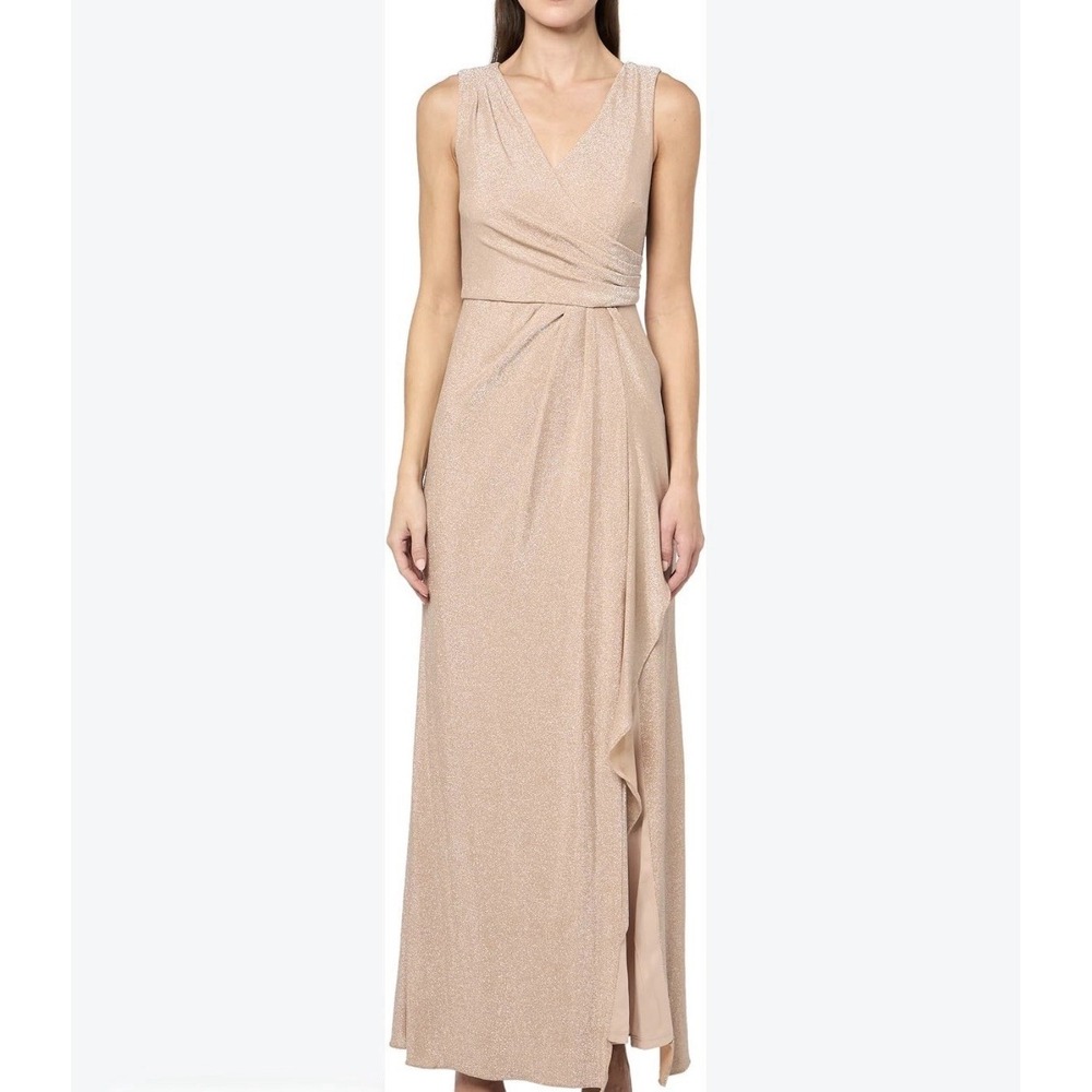 Papell Studio Metallic Draped Knit Dress Gown V-Neck NWT US 12 Beige Biscotti